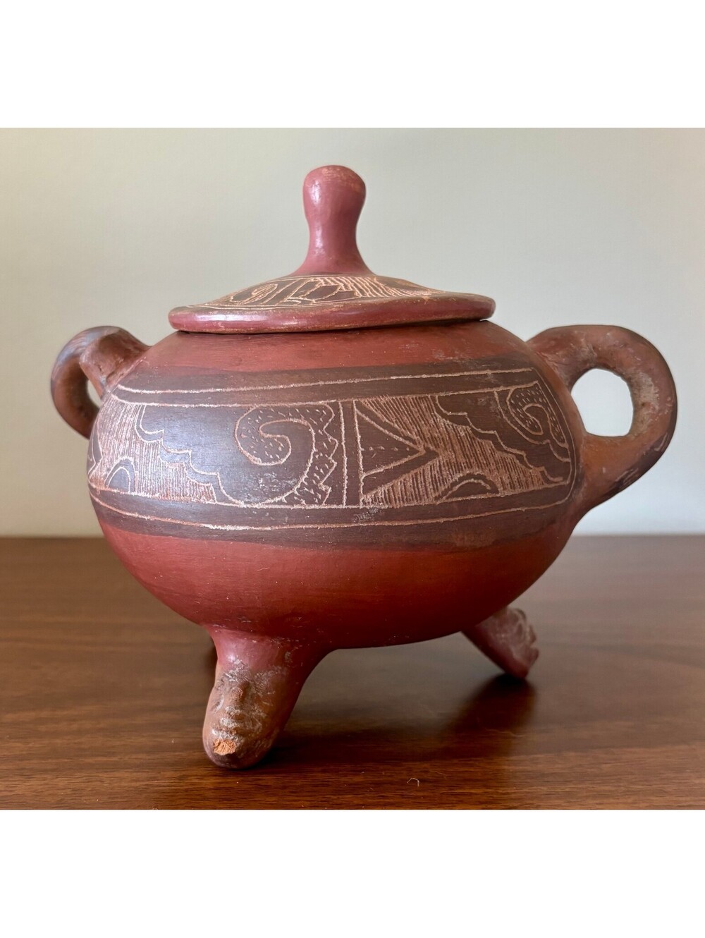 Vintage Red Clay Tripod Lidded Pot Incised Folk Art Pottery Double Handle